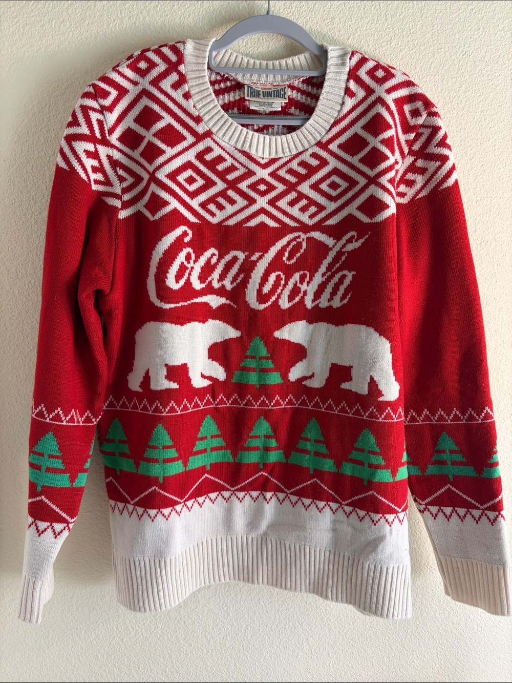 Coca-Cola Red and White Holiday Polar Bear Knit Sweater with Green Trees